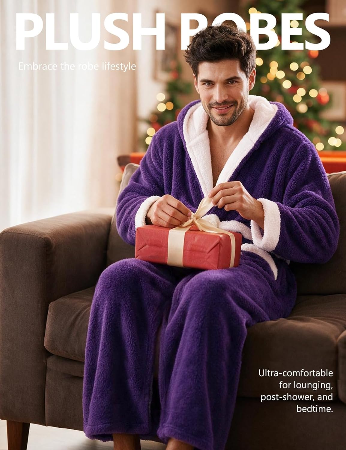 Flygo Mens Plush Hooded Robe Soft Fleece Full Length Bathrobe