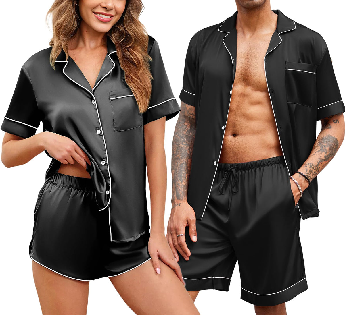 Ekouaer Couple Matching Pajamas Sets Silk Satin Button Sleepwear S-XXL