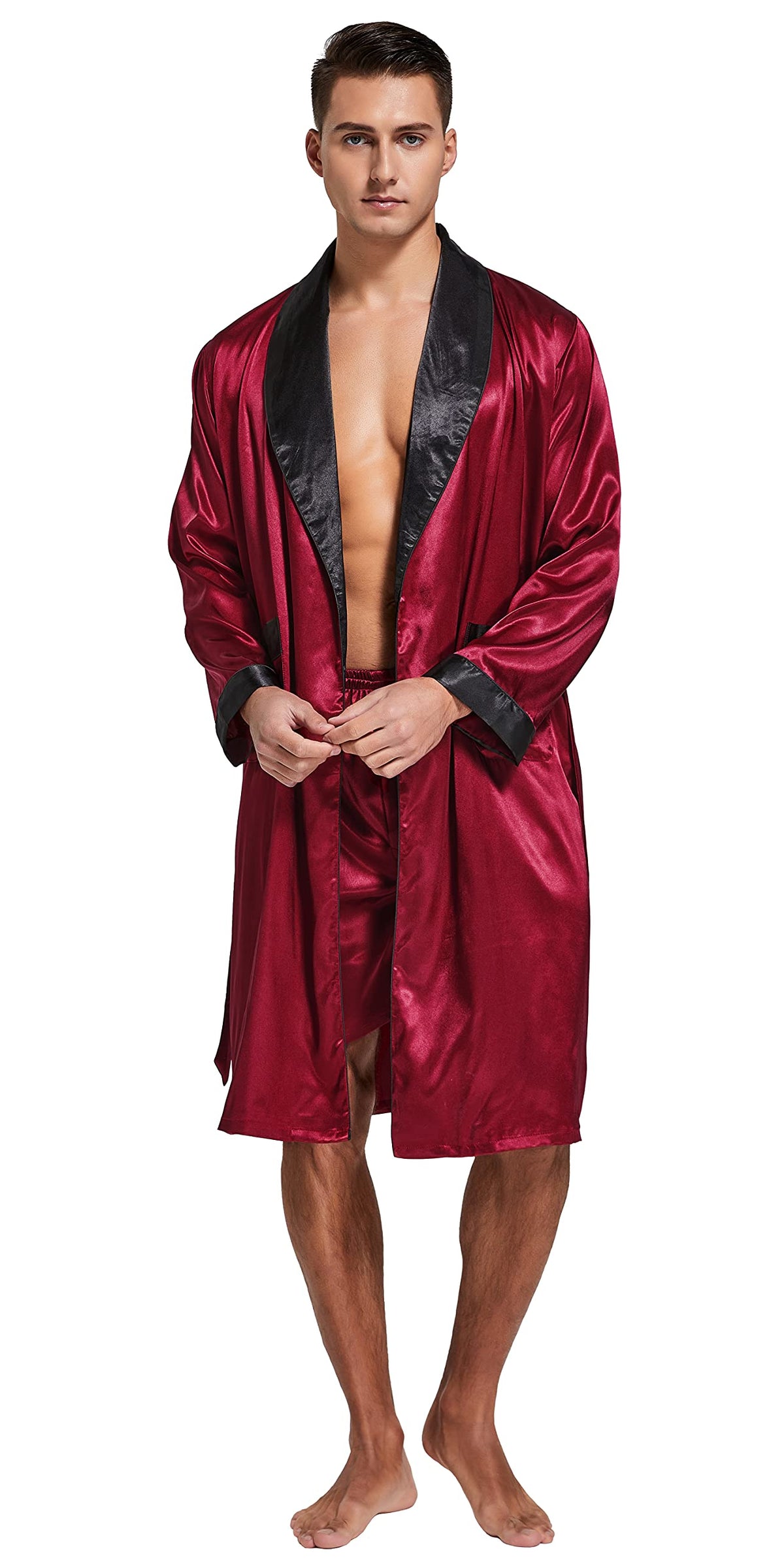 Mens Satin Robe Long Sleeve Silk Kimono Bathrobe with Shorts Set Sleepwear
