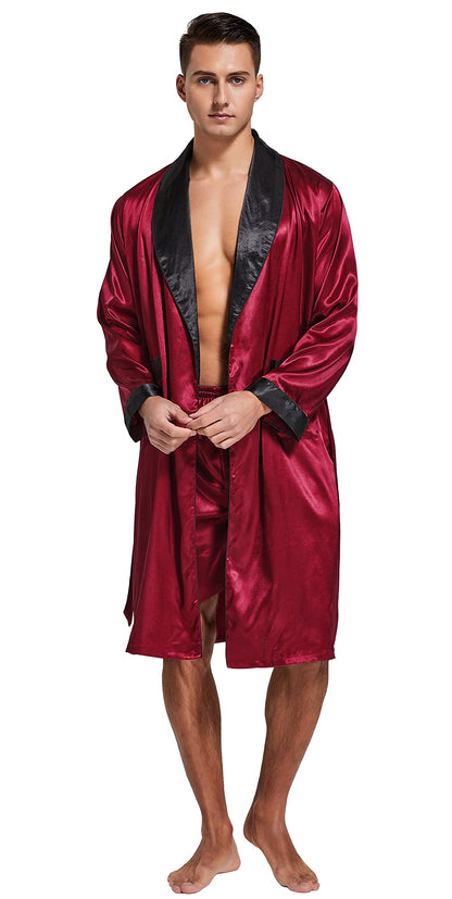 Mens Satin Robe Long Sleeve Silk Kimono Bathrobe with Shorts Set Sleepwear