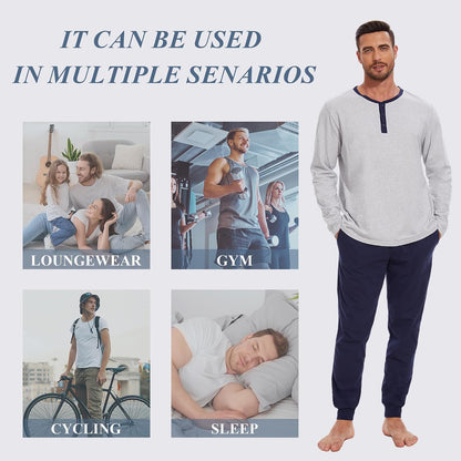 Men's 100% Cotton Henley Pajama Set 2-Piece Lounge Sleepwear