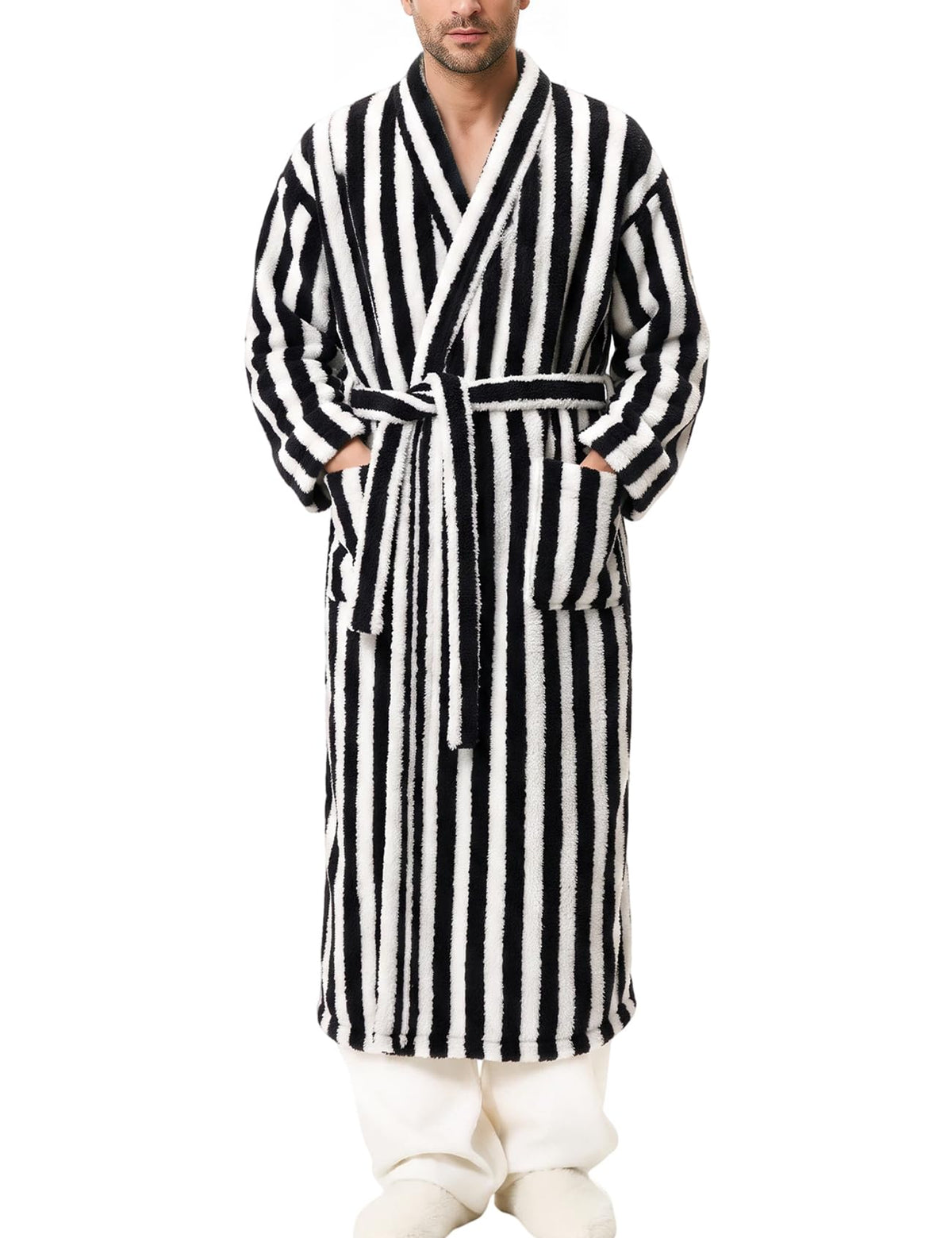 Arssm Mens Striped Plush Robe Long Fluffy Fuzzy Cozy Bathrobe