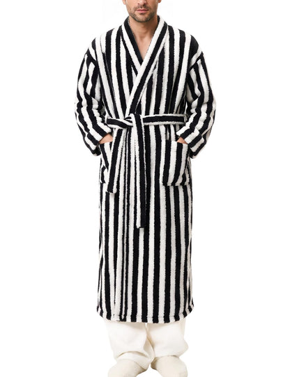 Arssm Mens Striped Plush Robe Long Fluffy Fuzzy Cozy Bathrobe