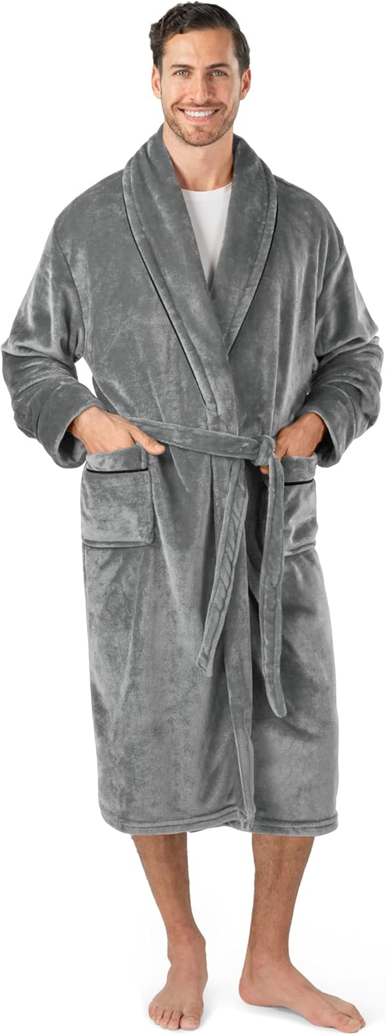 PAVILIA Soft Robe, Plush Warm Bathrobe for Men, Long Spa Bath Robe with Piping