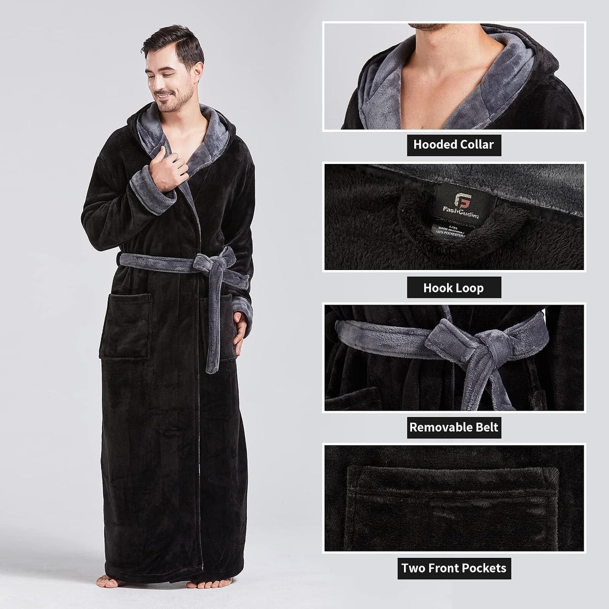 FashGudim Mens Robes Big and Tall with Hood Two-Tone Flannel Fleece Contrast Bathrobe Full Length Plush Long Robe House Coat