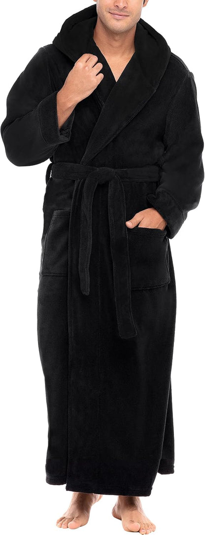 Men's Plush Fleece Hooded Robe with Pockets, Long Bathrobe
