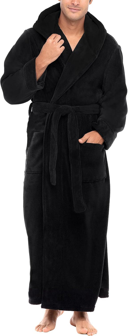 Men's Plush Fleece Hooded Robe with Pockets, Long Bathrobe