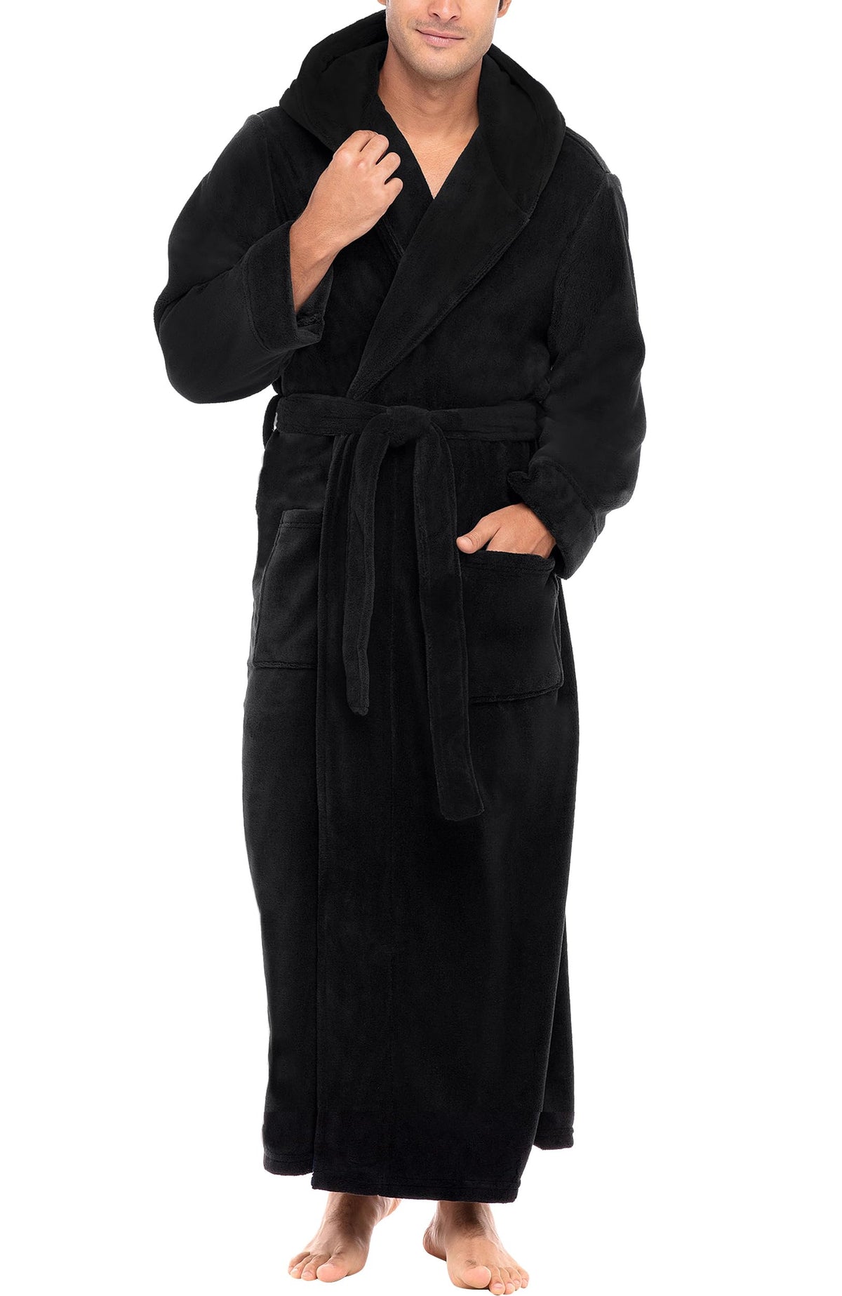 Men's Plush Fleece Hooded Robe with Pockets, Long Bathrobe