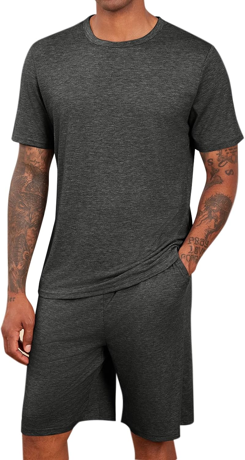 Runcati Mens Pajama Sets Short Sleeve Shirt and Shorts 2 Piece Outfits