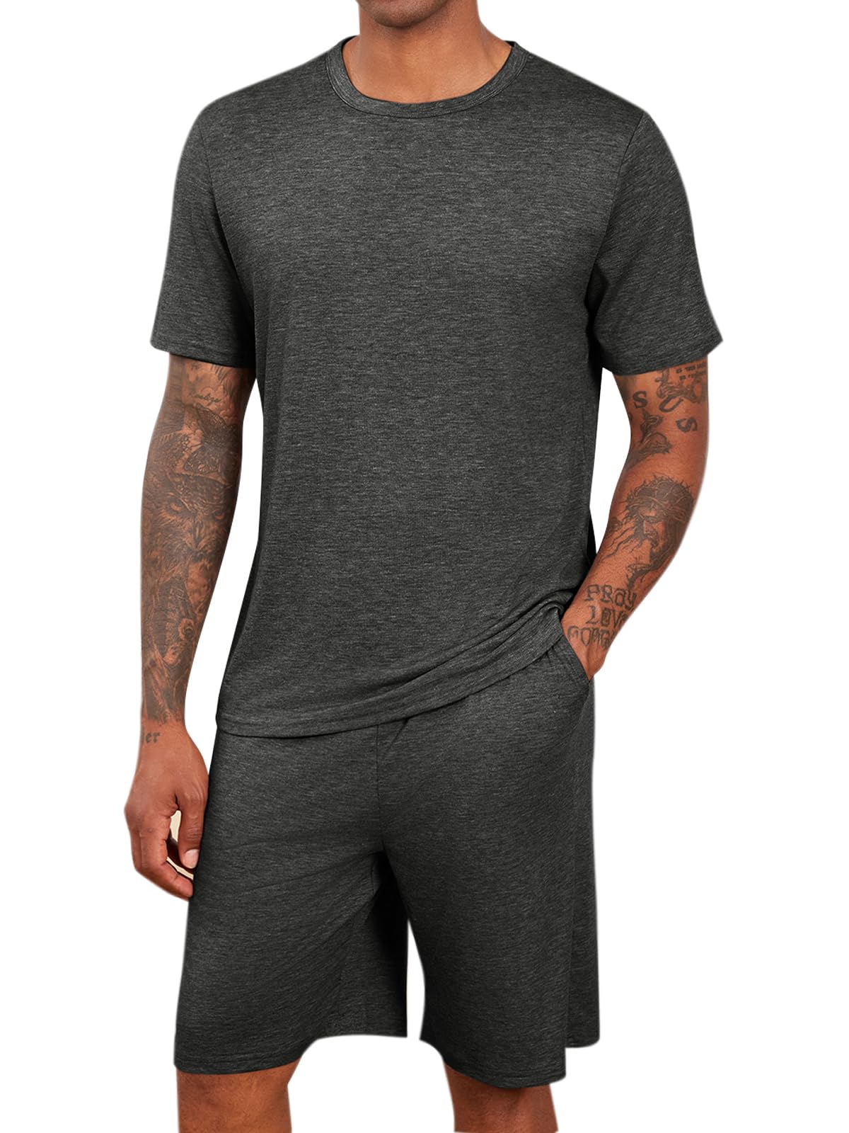 Runcati Mens Pajama Sets Short Sleeve Shirt and Shorts 2 Piece Outfits