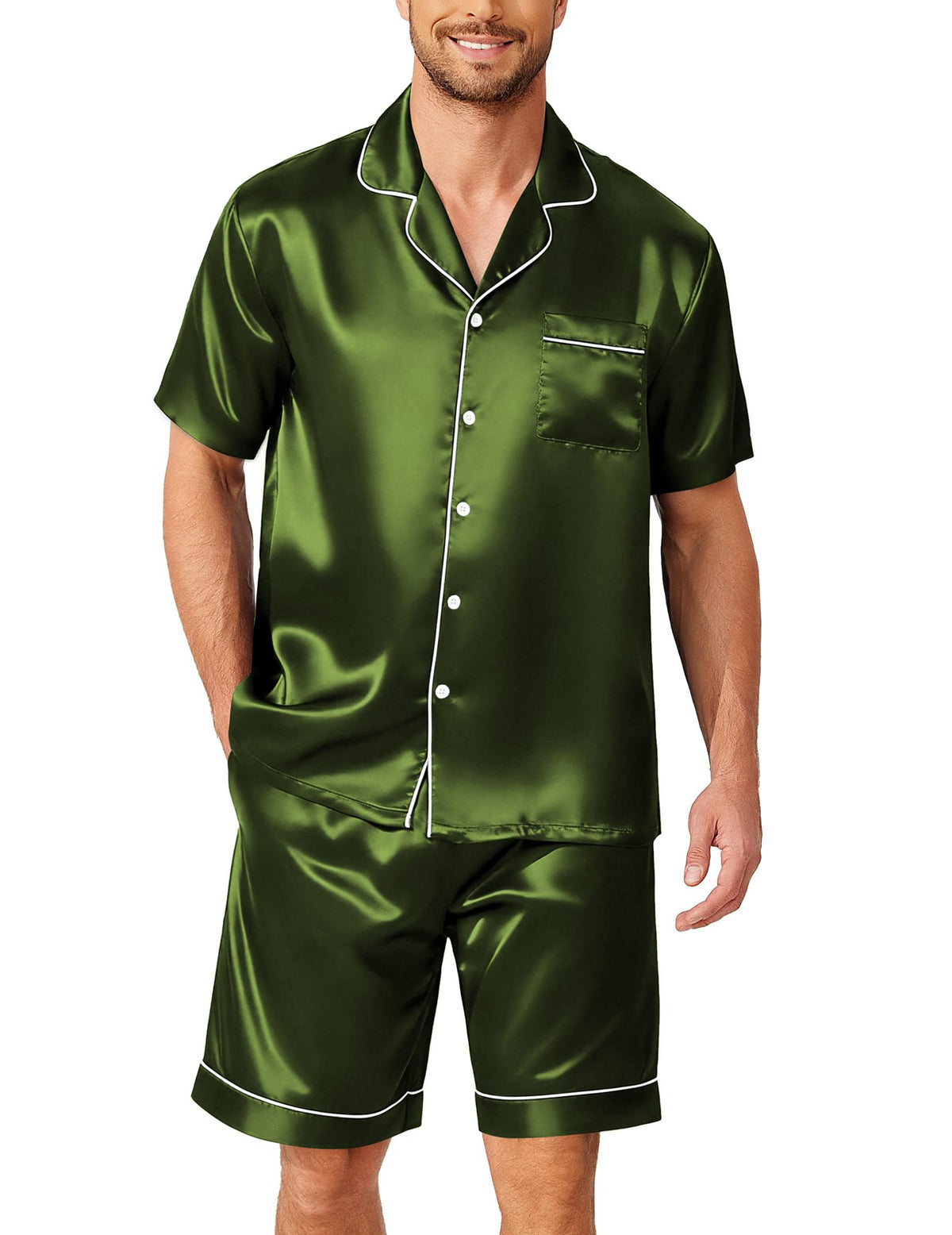 Ekouaer Mens Pajamas Set Silk Satin Pjs Short Sleeve Button Up Lounge Sets