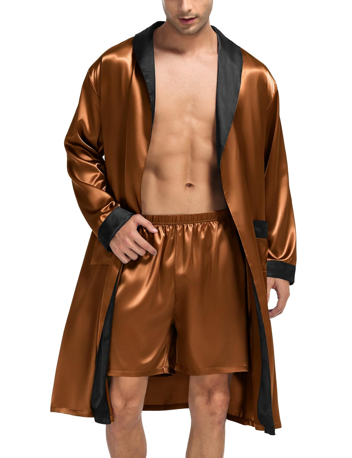 SWOMOG Men's Satin Robe with Shorts Set Silky Kimono Bathrobe Lightweight Soft Sleepwear