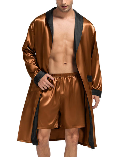 SWOMOG Men's Satin Robe with Shorts Set Silky Kimono Bathrobe Lightweight Soft Sleepwear