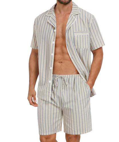 SWOMOG Mens 100% Cotton Pajama Set 2Pcs Button Down Pjs Set Short Sleeve Sleepwear with Pocket Soft Summer Stripe Nightwear
