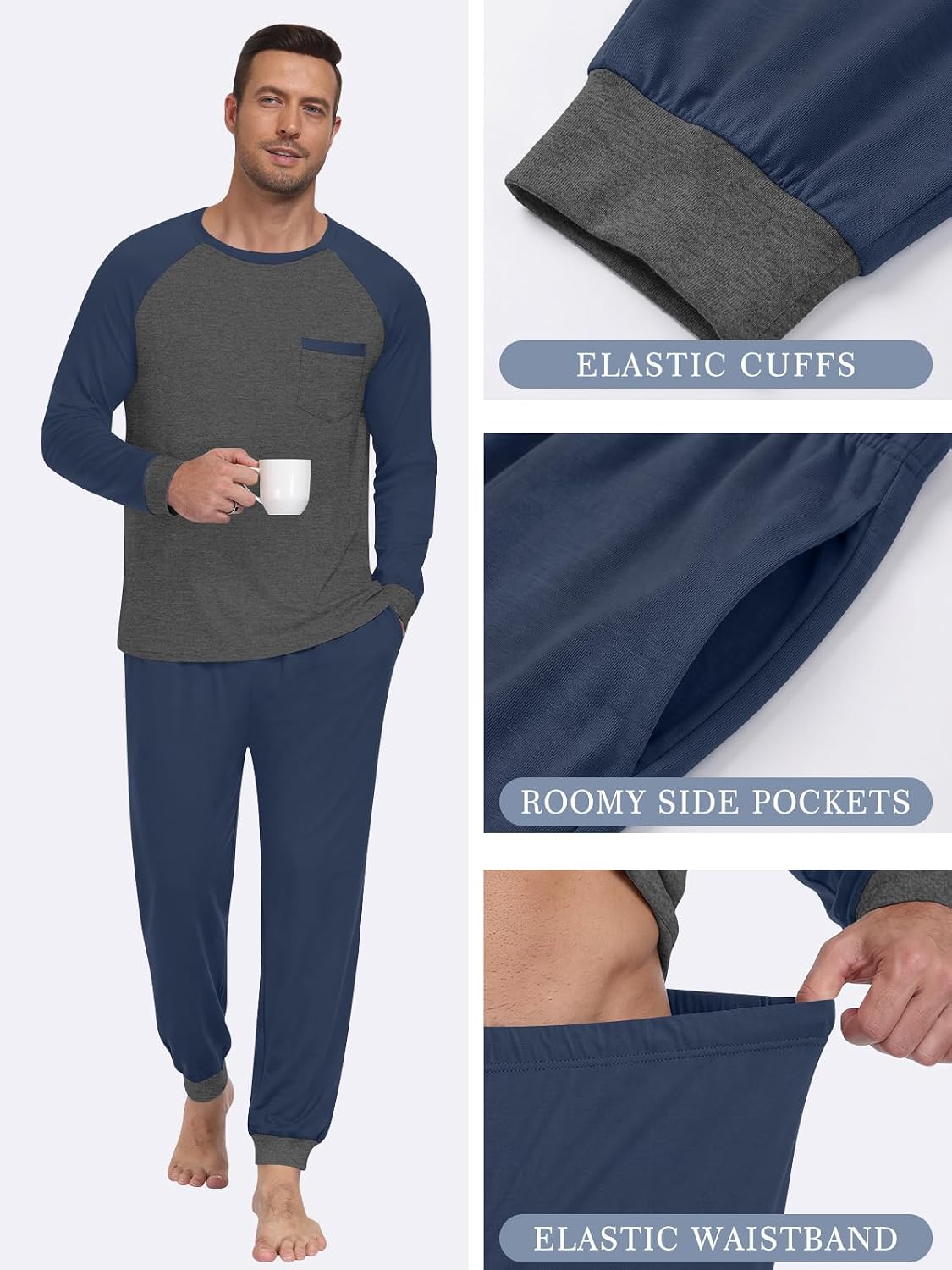 Mens Pajama Sets Long Sleeve Loungewear Pjs with Pockets