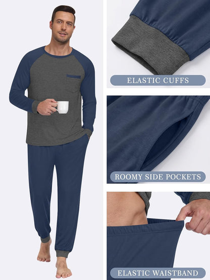 Mens Pajama Sets Long Sleeve Loungewear Pjs with Pockets