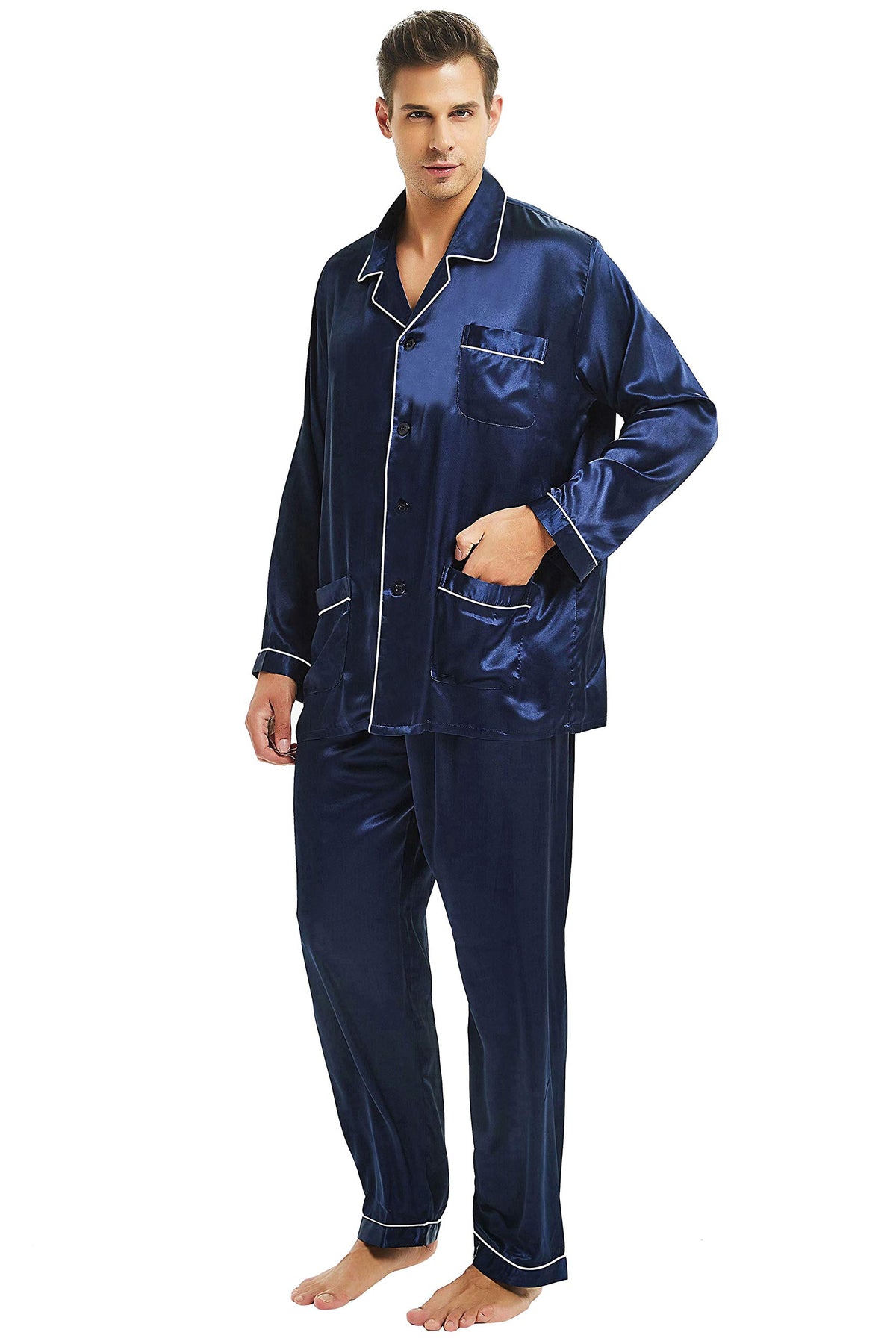 Lonxu Pajamas Set Mens Silk Satin Pajamas Long Sleeve Loungewear Two-Piece Sleepwear Button-Down Pj Set S-XXXXL