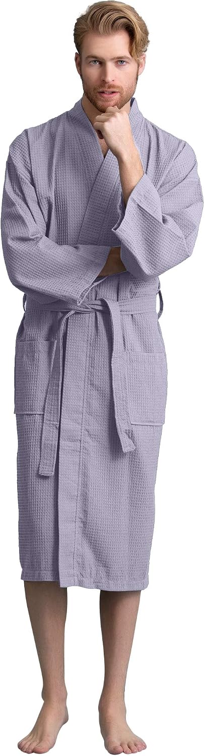 Men's Long Waffle Weave Kimono Bathrobe, 60% Cotton 40% Polyester