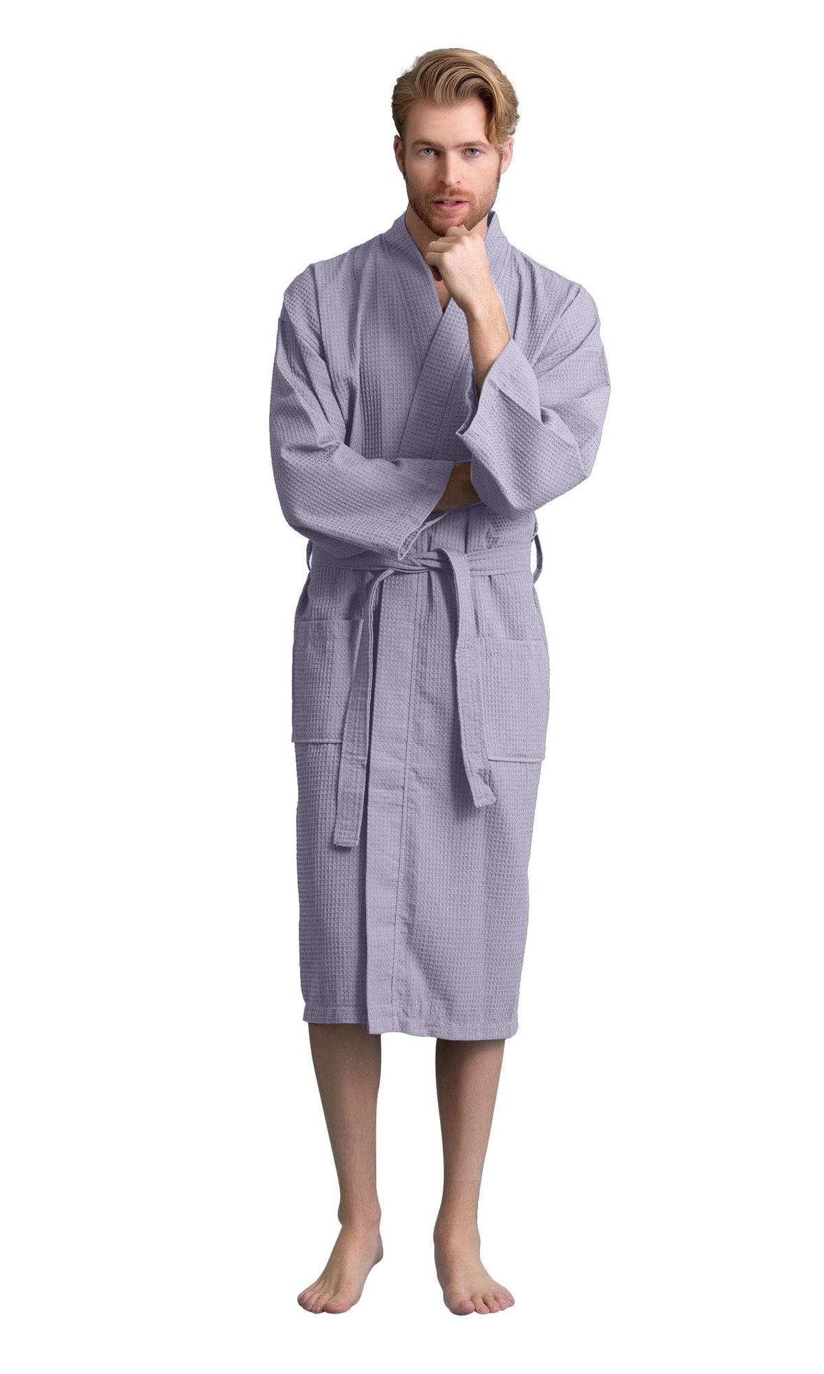 Men's Long Waffle Weave Kimono Bathrobe, 60% Cotton 40% Polyester