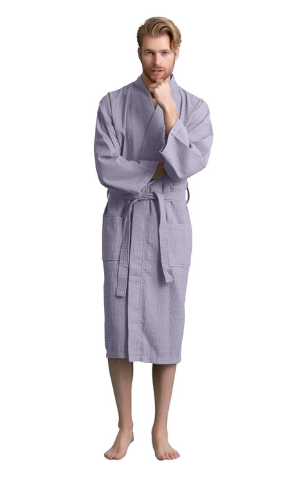 Men's Long Waffle Weave Kimono Bathrobe, 60% Cotton 40% Polyester