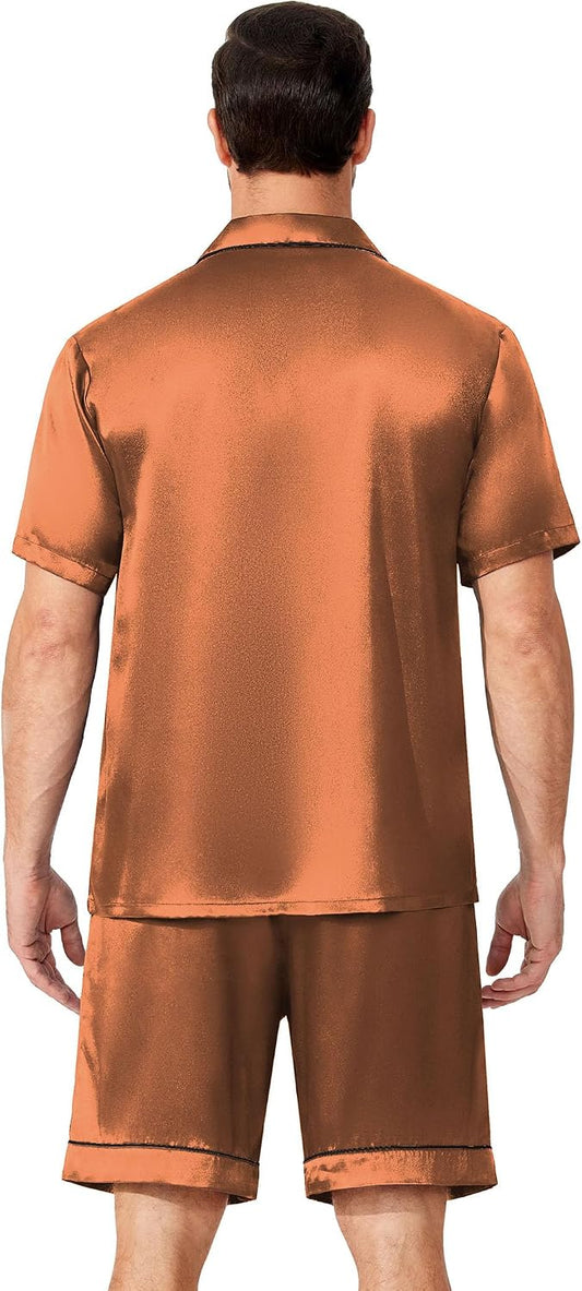 Ekouaer Mens Pajamas Set Silk Satin Pjs Short Sleeve Button Up Lounge Sets