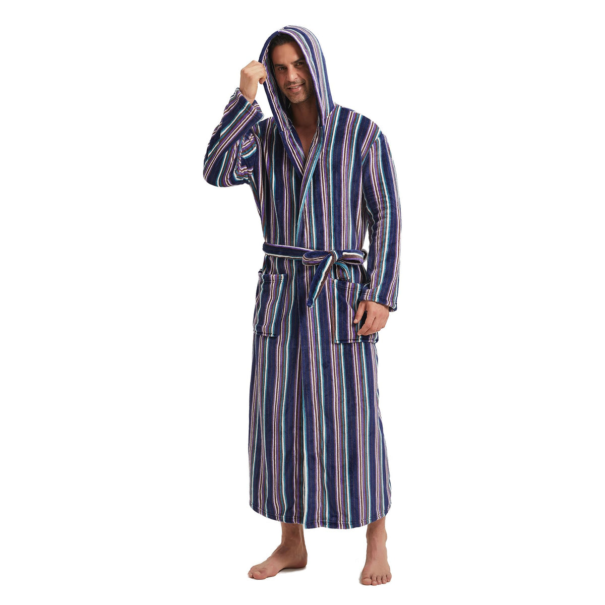 FashGudim Mens Robes Big and Tall with Hood Two-Tone Flannel Fleece Contrast Bathrobe Full Length Plush Long Robe House Coat