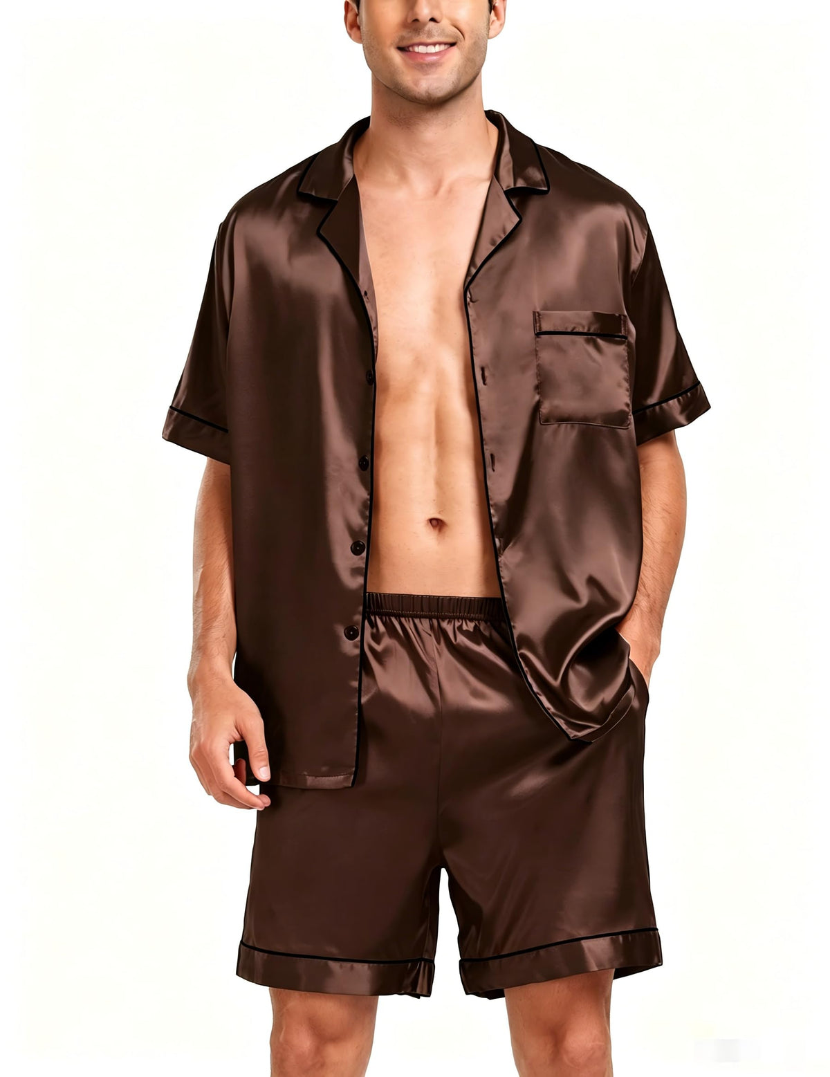 SWOMOG Men Satin Silk Pajamas Sets Short Sleeve Sleepwear Button-Down PJs Sets Two-Pieces Loungewear with Pockets