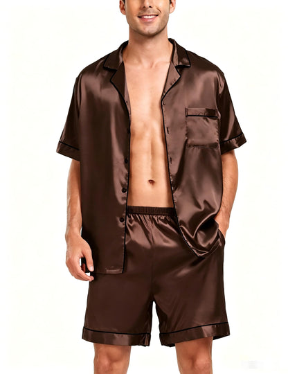 SWOMOG Men Satin Silk Pajamas Sets Short Sleeve Sleepwear Button-Down PJs Sets Two-Pieces Loungewear with Pockets