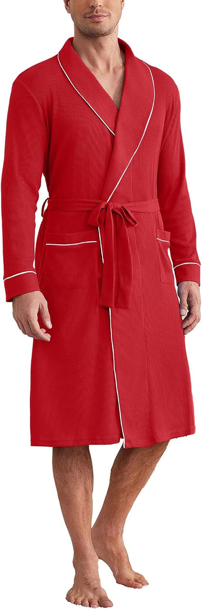 Ekouaer Mens Robes Lightweight Waffle Knit Kimono Bathrobe Long Sleeve Sleepwear Soft Knee Length Robe with Pockets