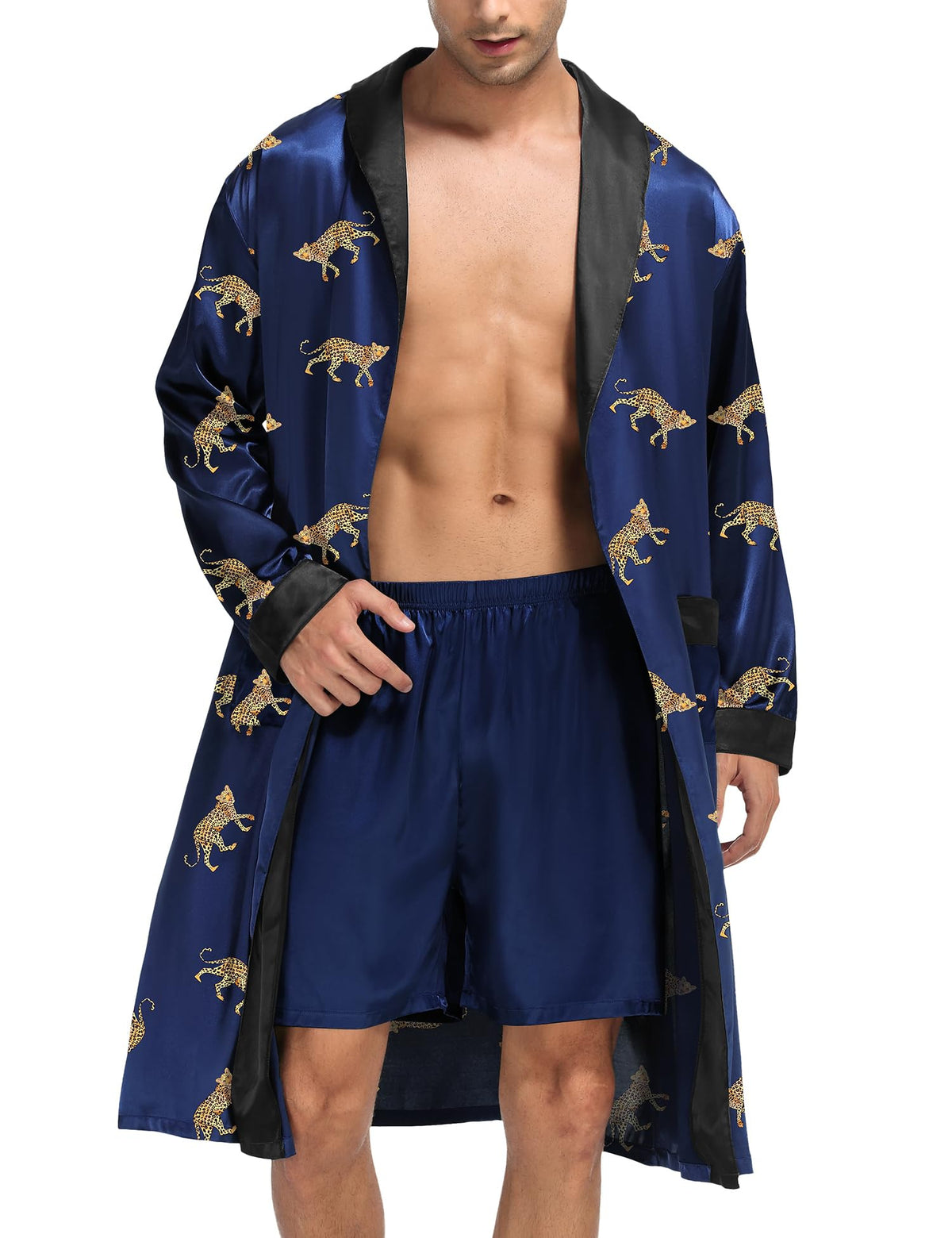 SWOMOG Men's Satin Robe with Shorts Set Silky Kimono Bathrobe Lightweight Soft Sleepwear