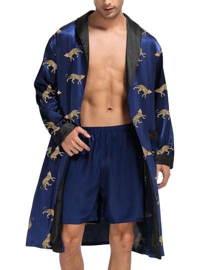 SWOMOG Men's Satin Robe with Shorts Set Silky Kimono Bathrobe Lightweight Soft Sleepwear