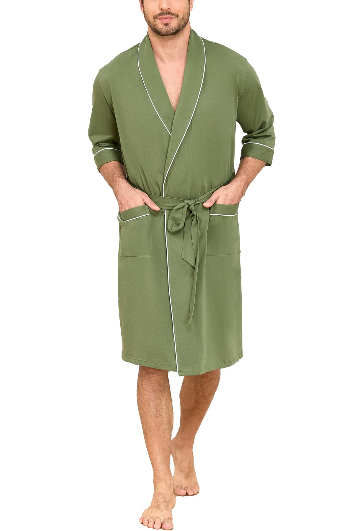 EA'S SECRET 100% Cotton Men's Lightweight Robe Summer Short Sleeve Bathrobe Soft Knee Length Robe with Pockets