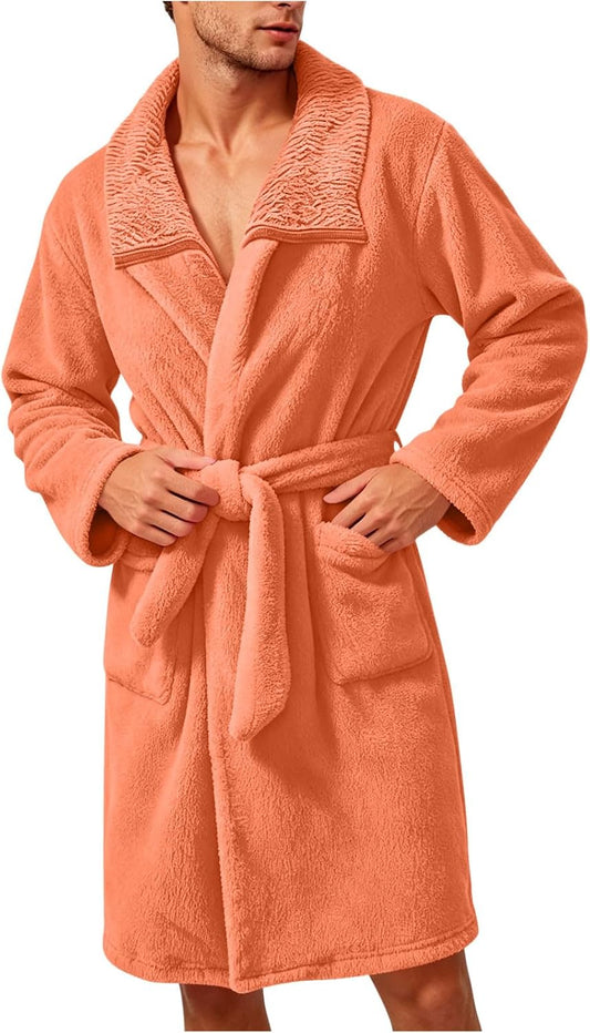 Robe for Men Fuzzy Fleece Collared Long Sleeve Thermal Bathrobe