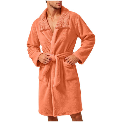 Robe for Men Fuzzy Fleece Collared Long Sleeve Thermal Bathrobe