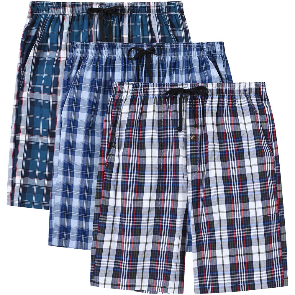MoFiz 3pack Mens Pajama Short Bottom Sleep Lounge Cotton Plaid