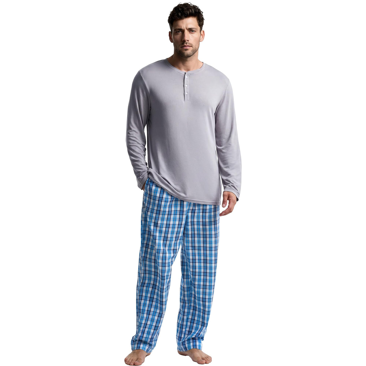 Vulcanodon Mens 100% Cotton Pajamas Set Cozy 2 Piece with Plaid Pants Pjs
