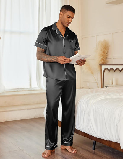 Ekouaer Mens Satin Pajama Set Short Sleeve Button Down Sleepwear with Pant