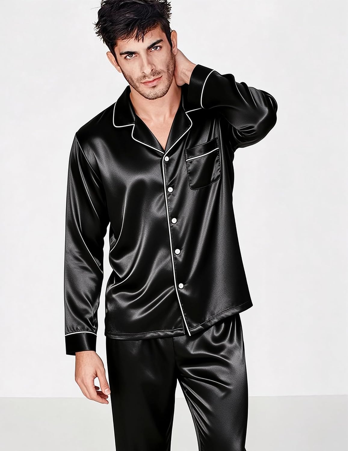SWOMOG Mens Silk Satin Pajamas Set Long Sleeve Sleepwear Button-Down Pj Two-piece Loungewear with Long Pants S-XXL