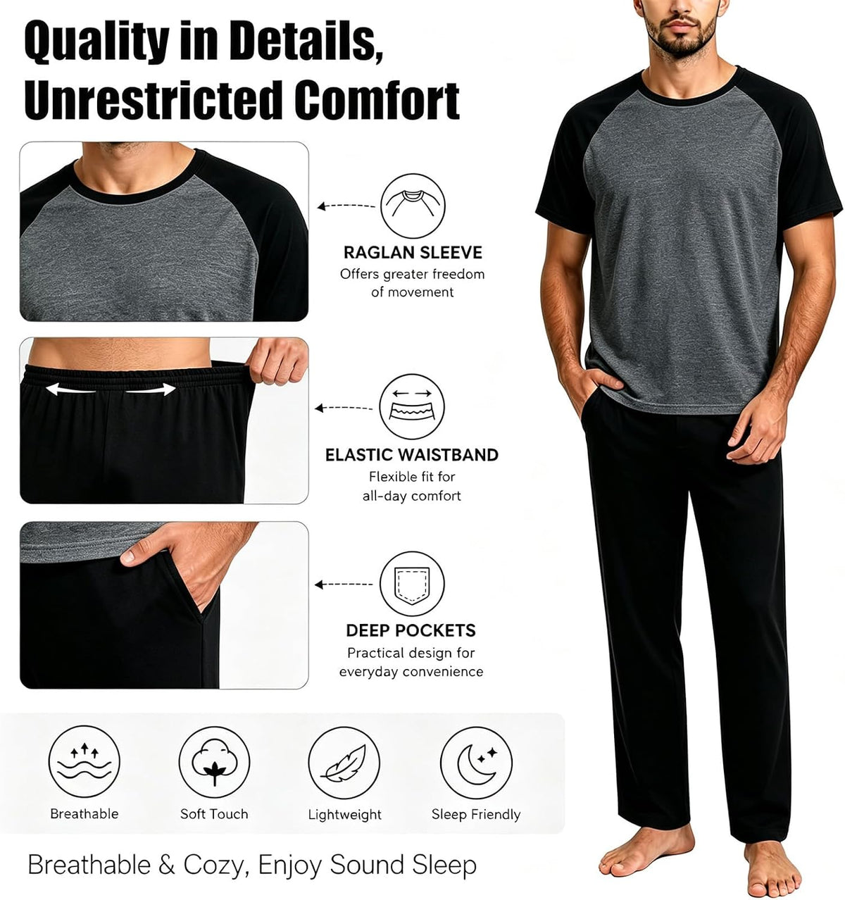 Men's Pajama Lounge Set - Soft 2 Piece Sleepwear with Pockets