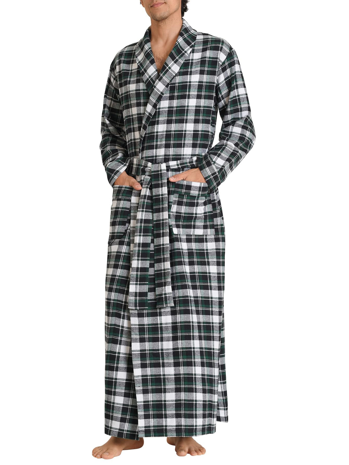Latuza Men's Cotton Flannel Long Robe Full Length Plaid Bathrobe