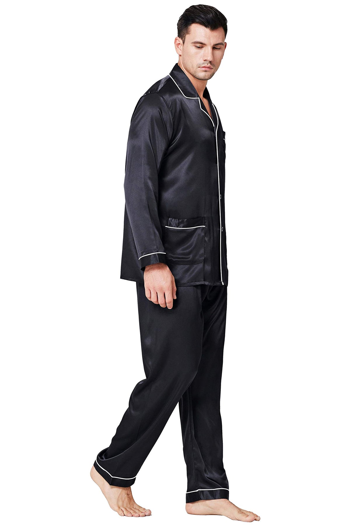 Lonxu Pajamas Set Mens Silk Satin Pajamas Long Sleeve Loungewear Two-Piece Sleepwear Button-Down Pj Set S-XXXXL
