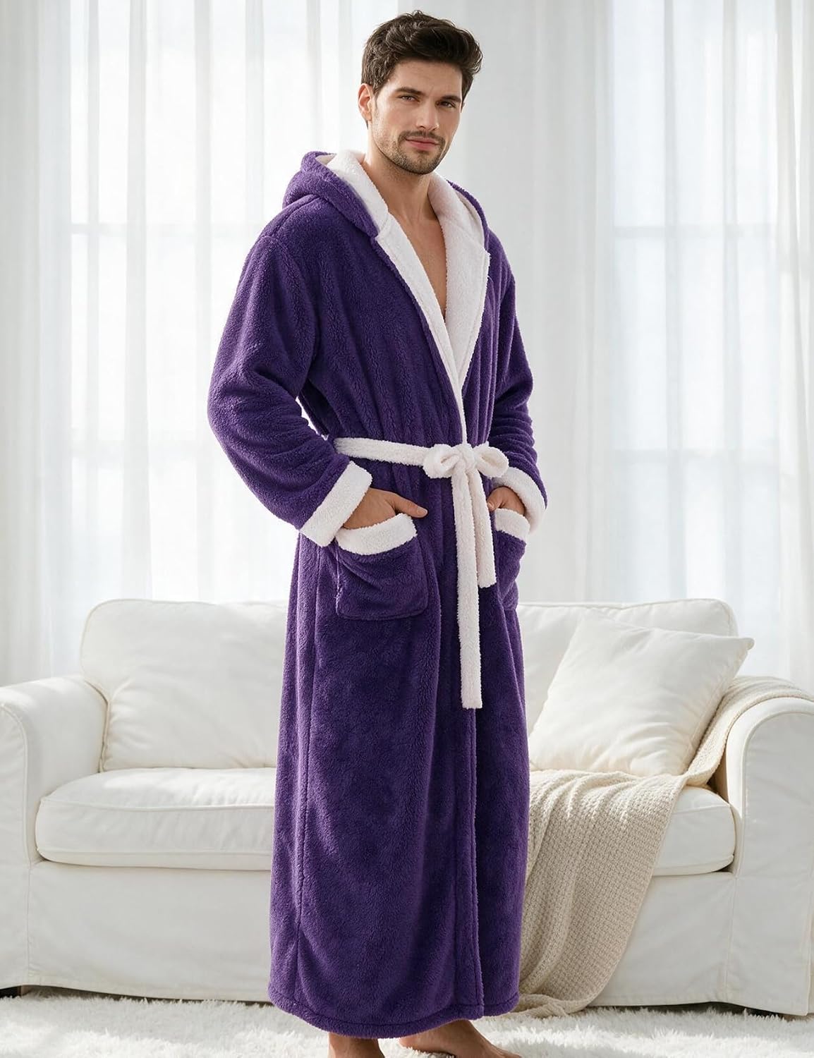 Flygo Mens Plush Hooded Robe Soft Fleece Full Length Bathrobe