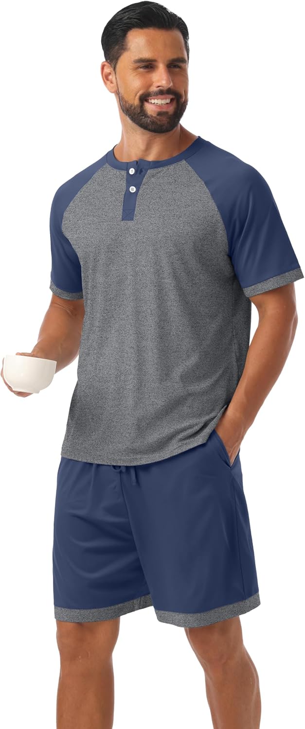 Men's Henley Pajama Sets 2 Piece Lounge Sleepwear Soft Sleep Summer Pjs