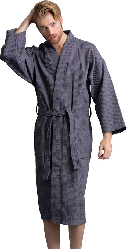 Men's Long Waffle Weave Kimono Bathrobe, 60% Cotton 40% Polyester