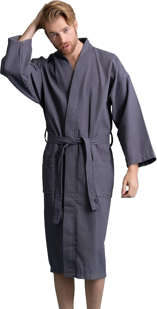 Men's Long Waffle Weave Kimono Bathrobe, 60% Cotton 40% Polyester