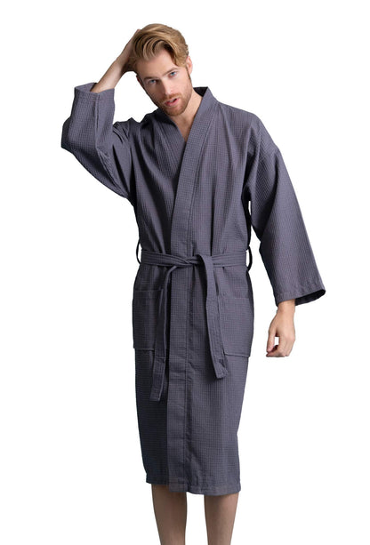 Men's Long Waffle Weave Kimono Bathrobe, 60% Cotton 40% Polyester