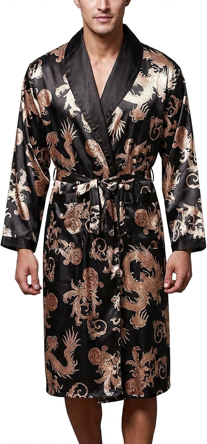 Men's Satin Robe Kimono Bathrobe Long Sleeve Spa Robe