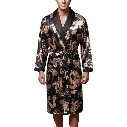 Men's Satin Robe Kimono Bathrobe Long Sleeve Spa Robe