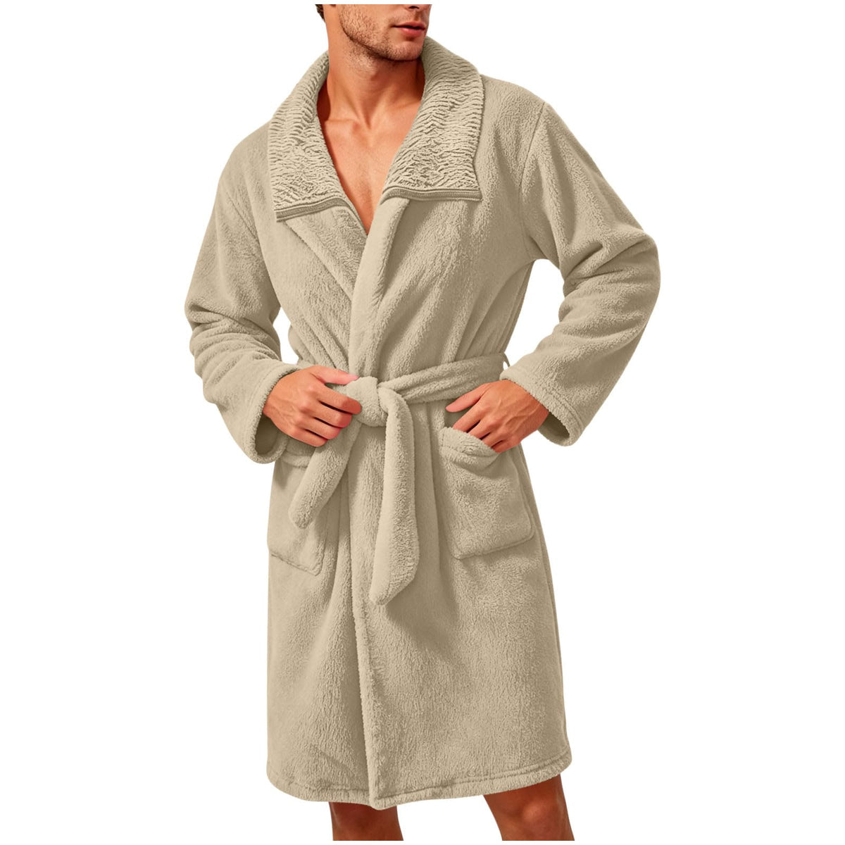 Robe for Men Fuzzy Fleece Collared Long Sleeve Thermal Bathrobe