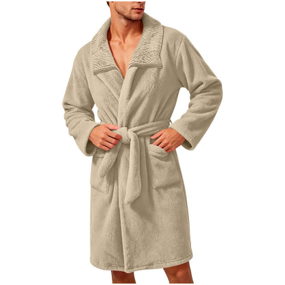 Robe for Men Fuzzy Fleece Collared Long Sleeve Thermal Bathrobe